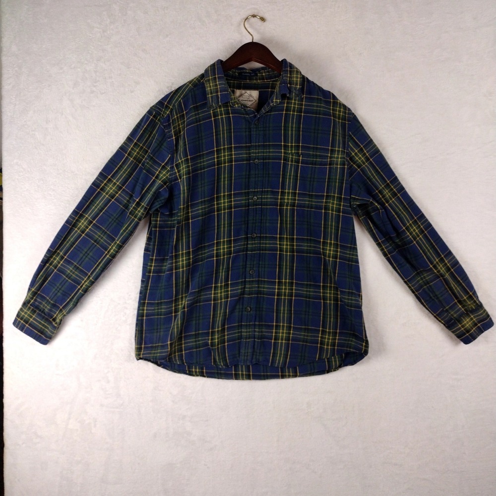 St Johns Bay Mens Large Blue Green Yellow Plaid Flannel Long Sleeve Shirt L
